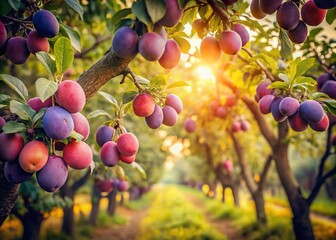 Vintage Farm Scene with Plums Growing on Trees