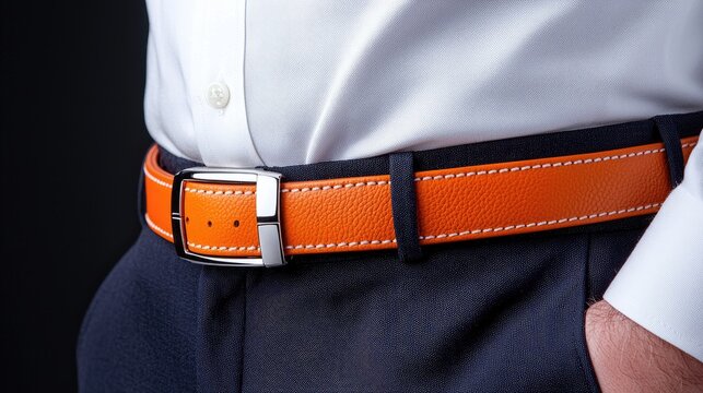 Man wearing orange leather belt, close-up. Business attire, dark background