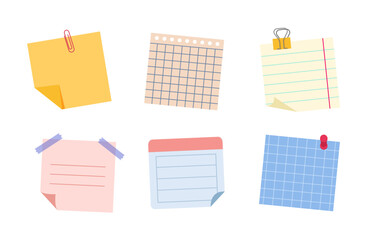 Colorful paper notes set. Sticky notepad papers. School or office supply and stationery. Tasks and time management. Flat vector collection isolated on white background