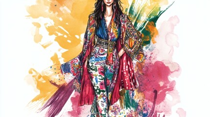 Fototapeta premium Vibrant Fashion Illustration Bohemian Chic Woman in Colorful Ensemble