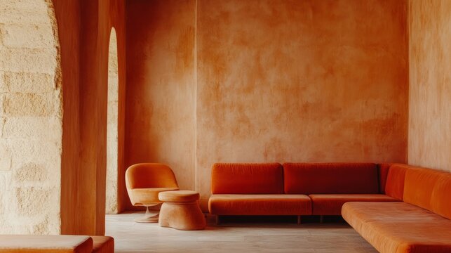 A Sun-Drenched, Minimalist Living Room With Burnt Orange Walls And Matching Furniture.  A Calm, Serene Atmosphere.