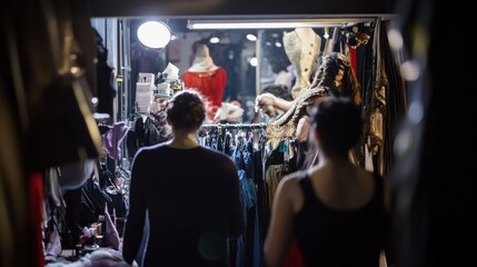 Two individuals exploring a clothing store.