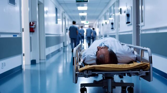 Alone and ignored Unconscious patient lying in a hospital emergency area hallway	
