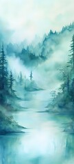 Fototapeta premium A soft watercolor painting of a calm river running through a misty forest with soft blues and greens