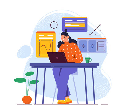 Graphic designer at workplace. Woman with laptop in office. Young girl create ui and ux design elements for website or mobile app. Freelancer and remote employee. Flat vector illustration
