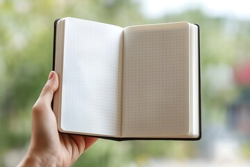 An open notebook with a grid pattern, held against a blurred outdoor background.