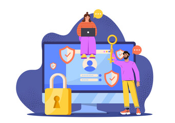 Digital data security. Woman and man with golden key near padlock and computer screen. Protection of personal information on internet. Safety and security. Flat vector illustration