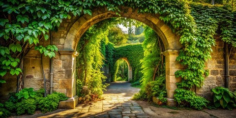 Obraz premium Vintage Stone Archway, Lush Green Vines, Natural Textures, Architectural Details - Stock Photo