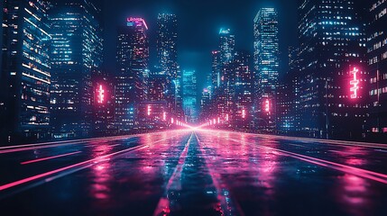 Cyberpunk Cityscape: Neon Nightscape on a Wet Road