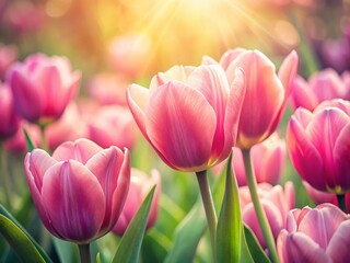 Fototapeta premium Vintage Style Photo: Blooming Pink Tulips Soft Focus Background