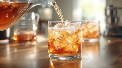 Refreshing iced tea being poured into a glass with ice, set in a cozy kitchen