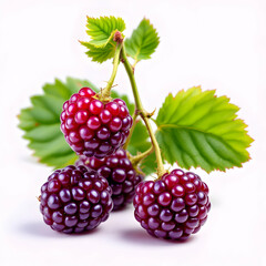 Fresh Ripe Blackberries Cluster With Green Leaves Against Isolated Background