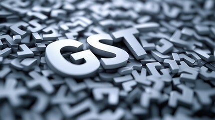 GST letters prominently displayed among a pile of scattered metallic alphabets