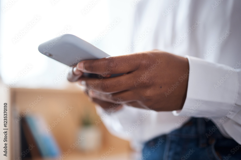 Aufkleber closeup, person and hands with mobile for text, online communication and connection with contact. of