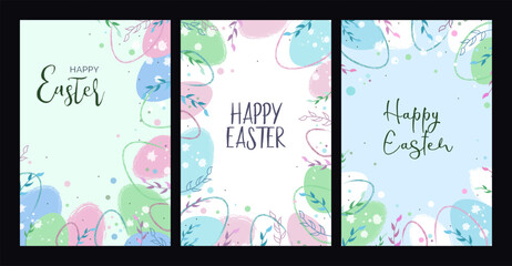 Happy Easter. Hand drawn textured eggs and spring floral. Holiday poster, banner, greeting card. Vector illustration