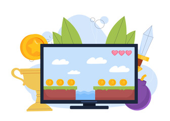 Game on computer screen. Video game or arcade with 8 pit pixilated graphics. Entertainment and fun, leisure. Level with golden coins and hearts. Flat vector illustration
