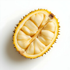 Halved Durian Fruit Displaying Yellow Flesh and Unique Texture on Isolated Background