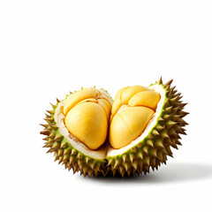 Freshly Cut Durian Fruit Exposing Creamy Yellow Flesh With Spiky Green Shell On Isolated Background