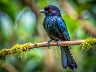 Fototapeta premium Watchful Sri Lanka Drongo Perched on Branch in Lush Rainforest