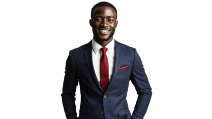 portrait of a Black man isolated on a white background, wearing a navy blue business suit and red tie, smiling warmly