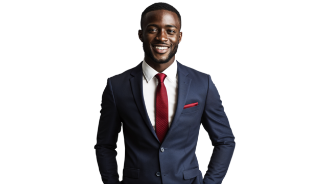portrait of a Black man isolated on a white background, wearing a navy blue business suit and red tie, smiling warmly