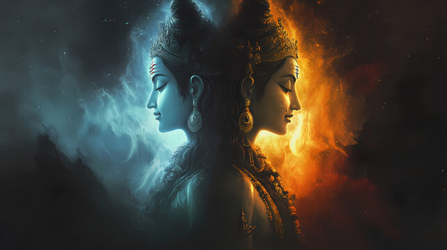 Lord shiva and parvati illuminated by a divine glow, embodying their cosmic roles as the destroyer and nurturer. Cosmic Serenity. Illustration