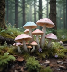 Fototapeta premium Cluster of pastel-colored mushrooms in a dreamy forest scene, vibrant, colorful, pastel colors, dreamy