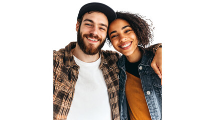 portrait of a couple taking a selfie together isolated on a white background, both smiling and looking at the camera