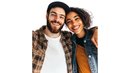 portrait of a couple taking a selfie together isolated on a white background, both smiling and looking at the camera