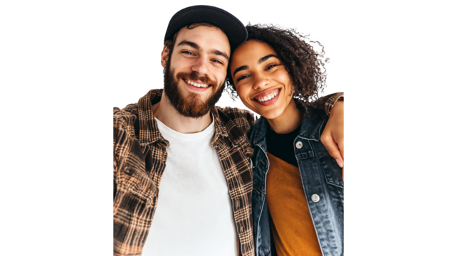 portrait of a couple taking a selfie together isolated on a white background, both smiling and looking at the camera