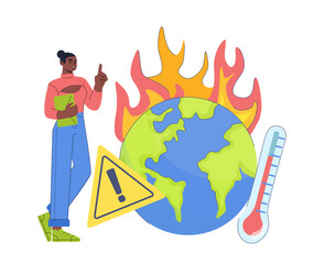 Woman with global warming. Young girl near burning planet with thermometer. Melting Earth. Atmospheric pollution from Co2 waste. Global environmental problems. Flat vector illustration