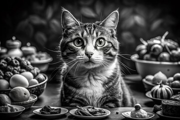 Whimsical Black and White Cat Drawing, Large Eyes, Elegant Food Photography Style