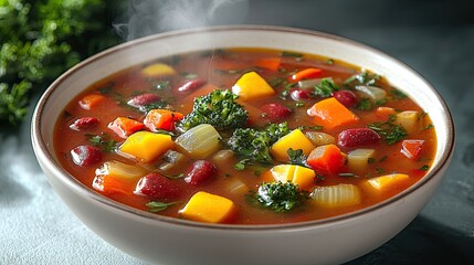 Colorful vegetable soup steaming in a bowl with fresh herbs, ideal for healthy meals