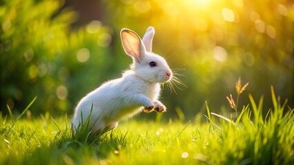 White Rabbit Hopping Through Lush Green Grass in the Summertime