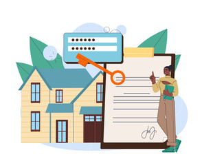 Woman with home protection. Young girl near keys and document. Private property and real estate. House insurance. Smart defending system. Safety and security. Flat vector illustration