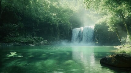 Serene waterfall cascading into emerald pool, lush forest backdrop; nature photography