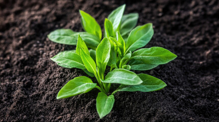 Fresh grass shoots emerging from rich, dark soil in early springtime