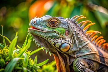 Obraz premium Wild Iguana Eating Plant Leaves in Puerto Vallarta Herb Garden