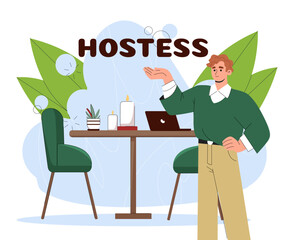 Hostess man concept. Young guy at workplace with inscription. Boss in office organizes effective work process. Person near comfortable workplace with laptop. Flat vector illustration