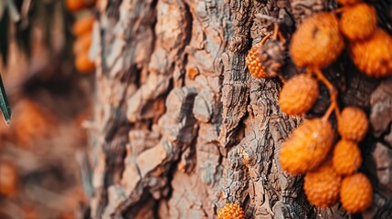 view of mushrooms attached to tree trunks