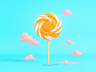 Sweet Dreams:  A whimsical 3D rendering of a swirling orange and white lollipop against a vibrant blue background. The lollipop appears to be floating amidst whimsical pink clouds.