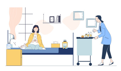 Sick woman at home. Nurse gives drugs to young girl. Person suffer from colds and fever. Healthcare and medicine. Diagnosis and treatment. Linear vector illustration