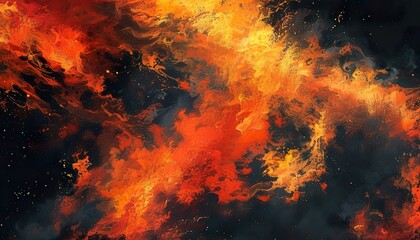 Abstract art depicting a fiery nebula, with intense orange and yellow hues against a dark background. The texture is fluid and dynamic, resembling cosmic flames.