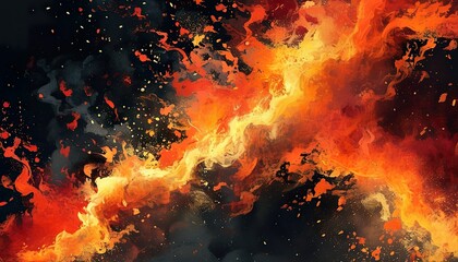 Obraz premium Abstract art depicting a fiery nebula, with intense orange and yellow hues against a dark background. The texture is fluid and dynamic, resembling cosmic flames.