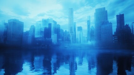 Fototapeta premium A Cityscape with Buildings Reflected in Blue Water