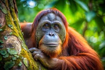 Fototapeta premium Wise Orangutan Contemplates in Bornean Canopy