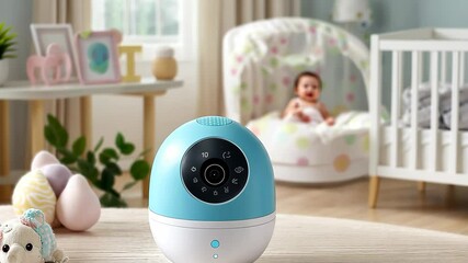 Smart baby monitor placed on a wooden table with a crib in a bright nursery during daytime