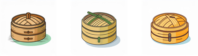 Three illustrations of bamboo steamers, varying in size and tier levels.  Perfect for steaming dumplings or buns.