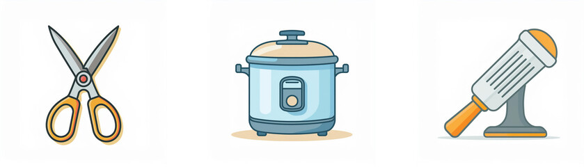 A simple illustration showing scissors, a slow cooker, and a grater.  Perfect for a cooking or crafting themed project.