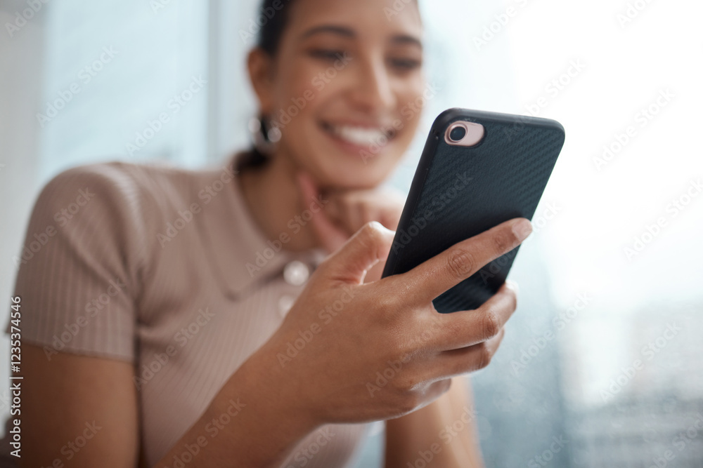 Poster woman, hand and phone for communication in office, sales networking and online for reading faq. fema